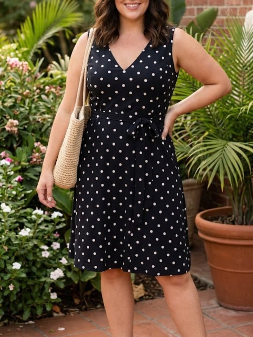 Retro Polka Dot Dress Knee Length V Neckline Summer Fashion Sz 14 Harper Rose